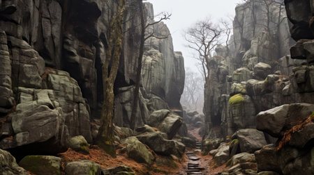 an ancient wooden stone pathway, carved into the rock, creates a misty atmosphere in this uhd image captured by matthias grnewald. the dark red and dark gray tones add to the romanticized depictions of wilderness. this national geographic photo showcases the beauty of nature and the skillful use of the carl zeiss distagon t 15mm f/2.8 ze lens. ai generatedの素材