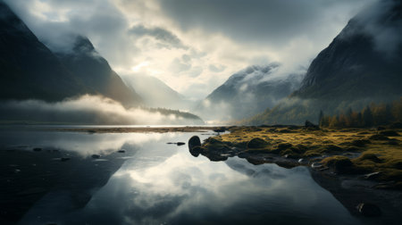 a stunning sunrise over a picturesque inlet, captured in ultra high resolution photography. the mountains are adorned with clouds, creating a mesmerizing scene with ethereal godrays piercing through the morning mist. this magical and epic atmosphere is beautifully captured with a wide angle lens on a hasselblad camera. ai generatedの素材