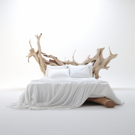 a bed by joseph tutwiler, crafted from wood and adorned with white sheets, showcases the artist's organic sculpture style. the nature-inspired imagery is beautifully captured against a white background in this uhd image. the photograph, taken with fujifilm natura 1600, exudes a fairy tale-like quality, adding to its enchanting appeal. ai generatedの素材