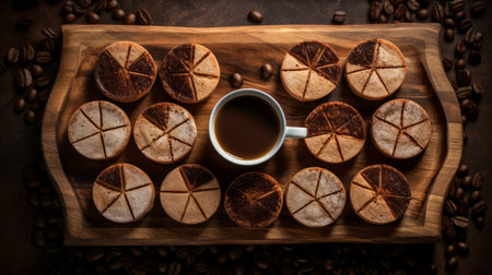 a wooden tray featuring a coffee cup and chocolate cut pastries is captured in a visually striking photograph. the composition showcases intersecting geometries and circular shapes, creating a graphic and symmetrical aesthetic. the rustic texture of the tray adds to the overall appeal. this staged photography is reminiscent of the style of marcin sobas and is enhanced by the use of fujifilm velvia. ai generatedの素材