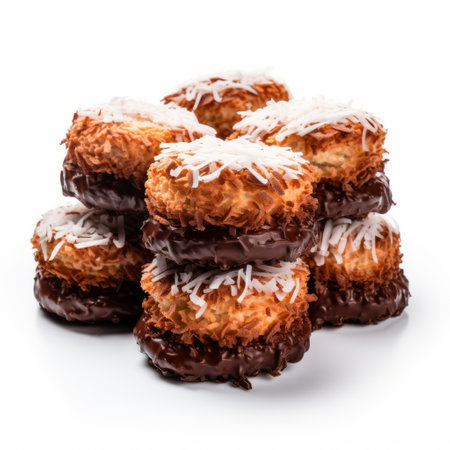 five coconut macarons stacked together on a white background, showcasing the vibrant colors and glazed surfaces. the composition, reminiscent of the zeiss batis 18mm f28 style, captures the essence of jewish culture themes with spiky mounds and tropical baroque elements. the contrasting play of light and shadow adds depth to the image, evoking the artistic influence of les nabis. ai generatedの素材