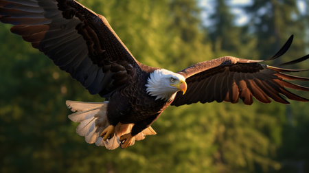 a wide-bodied bald eagle gracefully soars through the trees, captured in a stunning photo rendered in unreal engine. bathed in golden light, this national geographic-worthy image emphasizes emotion over realism, showcasing the beauty of nature and the dynamic action of this majestic bird. the cryengine technology adds an extra touch of realism to this breathtaking depiction of animals in their natural habitat. ai generatedの素材