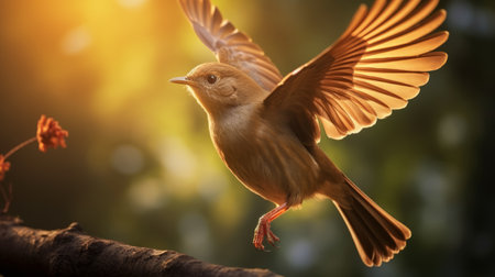 a flying bird near the sun, captured in the style of vray tracing. this brown bird, illustrated by lilia alvarado, stands out against the colorful fauna. the soft-focus technique adds a charming touch to the digital art, showcasing the bird's captivating character. ai generatedの素材