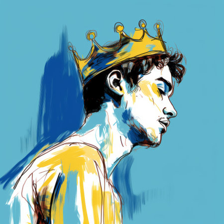 a digital drawing of kevin, inspired by cecil beaton, with a crown on their head. the drawing, created on a wacom tablet, features expressive lines in the style of matisse. the color palette includes shades of blue, with fine-tip pen strokes in white and yellow. the image has a resolution of 32k and is rendered in super-resolution, offering uhd quality. ai generatedの素材