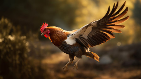 a rooster takes flight amidst a group of other roosters, showcasing vray tracing and photo-realistic techniques. the soft, painterly brushwork adds depth and texture to the image, while the light red and brown tones create a warm and inviting atmosphere. the rooster's distinctive character design and kimoicore style make this artwork truly unique. ai generatedの素材