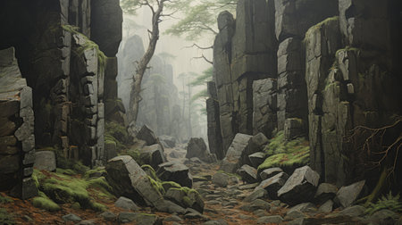 tall rocks, reminiscent of atmospheric landscape paintings, showcase the influence of old masters in this fantasy-inspired image. the atmospheric woodland imagery, reminiscent of an english painter's style, captivates with its orderly symmetry. the scene exudes a sense of grandiose ruins, perfectly blending elements of mote kei aesthetics. ai generatedの素材
