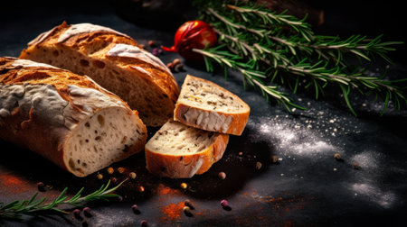 a photo of a bread with herbs and spices placed on an oiled wood surface. the image is captured in the style of realistic still lifes, featuring dramatic lighting against a black background. this uhd image showcases chromatic harmonies and has been created using focus stacking technique. the photo exudes a festive atmosphere and has a matte finish. ai generatedの素材