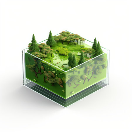 a glass cube showcasing a miniature ecosystem with trees, resembling fictional landscapes. the isometric design draws inspiration from the terrain of northern china, featuring rectangular fields. the artwork combines dark, white, and light green hues using digital art techniques, creating a captivating display of earthworks. ai generatedの素材