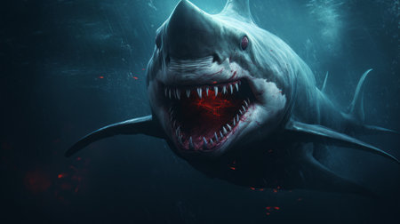 a big shark wallpaper in 8k resolution, rendered in cinema4d and unreal engine. this eerie and hyper-realistic image showcases a shark with a strong facial expression. the dark teal and white color scheme adds to the realistic and atmospheric feel of the wallpaper. perfect for desktop wallpapers and fans of scary shark wallpapers. ai generatedの素材
