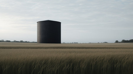 a black grain silo stands tall against a vast grain field in this photo captured by john irving in july 2014. the image showcases irving's signature style of layered and atmospheric landscapes, reminiscent of the works of john pawson and anton mauve. the industrial and product design elements are highlighted, while the hyper-realistic water adds a touch of neo-geo minimalism. shot on 70mm film. aiの素材