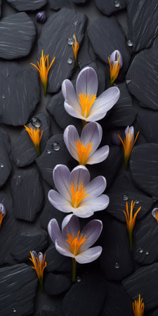 flowers standing in water on a black stone, surrounded by vibrant light violet and orange hues. the life-like avian illustrations add a touch of realism to the scene, while the spectacular backdrops provide a stunning contrast. the dark gray and yellow tones complement the colorful woodcarvings and gemstone accents, creating a visually captivating composition. ai generatedの素材