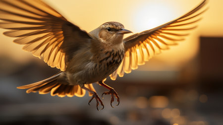 a bird soars gracefully through the air, its wings outstretched in a magnificent display. bathed in a golden light, the image captures the bird's multilayered dimensions with a touch of subtle irony. shot with a zeiss batis 18mm f2.8 lens, the photo exudes a soft realism, showcasing a beautiful contrast between dark yellow and light bronze tones. ai generatedの素材