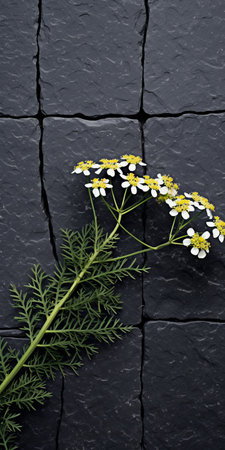 yarrow growing on black shingle, tabletop photography, visually tactile surfaces, sustainable design, voigtlander bessa r2m, dark gray and black, soft focus. ai generatedの素材