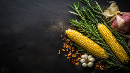 aerial view of corn, garlic, rosemary, and cilantro arranged on a dark background. this uhd image, inspired by advertisement style, showcases the vibrant red and amber colors of the ingredients. the tondo composition adds a unique touch to this visually appealing photograph by frederick goodall. perfect for websites and culinary enthusiasts. ai generatedの素材
