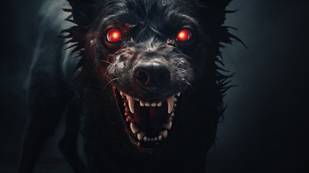 a dog with red eyes and a red light shining in the dark, depicted in a realistic and hyper-detailed rendering style. this witchcore-inspired artwork by oleksandr bogomazov captures a dark and explosive atmosphere with photorealistic accuracy, reminiscent of the haunting aesthetics of aquirax uno's nightmarish creations. ai generatedの素材