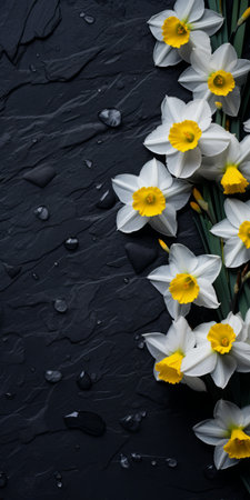 narcissus flowers bloom vibrantly on a bed of black shingle, captured in a tabletop photography style. the visually tactile surfaces of the flowers and shingle create an intriguing contrast. this sustainable design showcases the beauty of nature, while the use of a voigtlander bessa r2m camera adds a soft focus effect. the color palette of dark gray and black adds depth to the composition. aiの素材