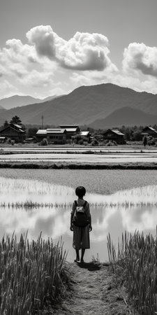 a girl stands near a rice field, surrounded by trees in the background. this monochrome landscape captures the beauty of reflections and traditional craftsmanship. the mountainous vistas add to the breathtaking scenery, reminiscent of a national geographic photo. the black and white contrasts, captured with a leica cl, enhance the visual impact of this stunning image. ai generatedの素材