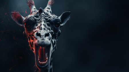 a surrealistic image of a giraffe, rendered in cinema4d by aleksi briclot, featuring dynamic and exaggerated facial expressions. the giraffe stands against a dark background, with light black and crimson tones. this artwork by joel robison combines elements of mythical beasts with a touch of grotesque. ai generatedの素材