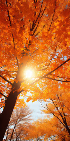 sunlight filters through the trees, casting a warm, golden glow in this captivating image. the low-angle perspective adds depth and drama to the scene. with its dark orange and light gold hues, the image exudes a romantic and enchanting ambiance. this uhd image beautifully captures the solarizing effect, creating a mesmerizing play of light and shadow. the combination of light orange and azure tones furtherの素材