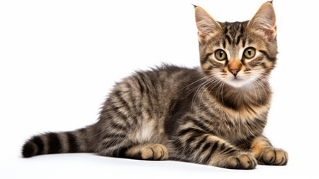 a small tabby cat rests on a white background, captured in the style of a uhd image by michael malm for national geographic. the photo features a motion blur panorama effect, showcasing the cat's striped fur. the high-key lighting enhances the details of the cat's features. this 32k uhd photo is a stunning portrayal of feline beauty. ai generatedの素材