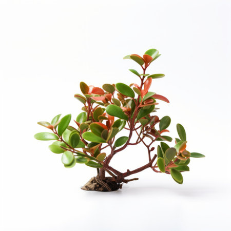 a small green plant with twisted branches is showcased on a white background in this japanese traditional style photograph. the light red and dark bronze colors create a vibrant and colorful arrangement. the image has been processed using darktable, giving it a unique touch. this captivating photo captures the essence of the tanbi kei style and is an associated press photo. ai generatedの素材