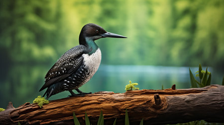 a stunning 1680x1080 desktop wallpaper featuring a loon in a vray tracing style. this digitally enhanced artwork showcases eco-friendly craftsmanship and naturalistic portraiture. the light black and turquoise color scheme, along with the wood elements, adds a touch of elegance. the painterly style of the image creates a visually captivating experience. ai generatedの素材
