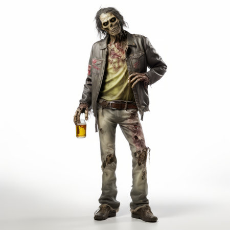 the walking dead statue, dressed as a zombie, is captured in a studio portrait style. this photorealistic rendering showcases symbolic elements and references to celebrity and pop culture. the dark beige and yellow tones add to the eerie atmosphere, reminiscent of the absinthe culture. this associated press photo merges various keywords to create a captivating visual narrative. ai generatedの素材