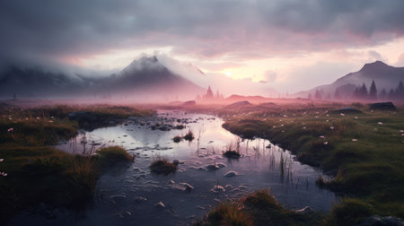 a stunning sunrise over a picturesque bog, captured in ultra high resolution. the mountains are adorned with clouds, creating a mesmerizing scene. the morning mist adds an ethereal touch, with godrays piercing through. this magical and epic atmosphere is beautifully captured with a wide angle lens on a hasselblad camera. ai generatedの素材