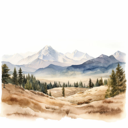 a watercolor painting of a mountain scene with a landscape background. the painting is done in a style that combines dark beige and light beige tones, creating a realistic and nature-based color scheme. the artwork is reminiscent of whistlerian style and features intricate patterns. the white background enhances the illustration, making it a captivating environmental portraiture. ai generatedの素材