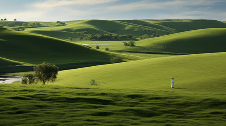a serene kenneth stands tall in a lush, verdant landscape, surrounded by rolling hills and vibrant green grass. adorned in a flowing robe that harmonizes with the natural surroundings, they exude an air of elegance and confidence. rays of warm sunlight filter through the leaves overhead, casting a gentle glow upon their serene countenance, as they embody tranquility and contemplation in this idyllic scene. aiの素材