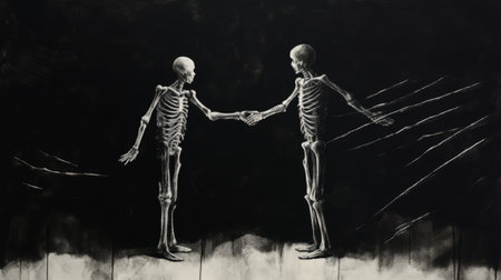 skeleton hands shaking in a pond, captured in a monochrome painting by lee madgwick. this symbolist figurative painter expertly combines elements of realism and chiaroscuro, creating hyperrealistic murals and monumental ink paintings. reminiscent of the works of charles addams, this eerie yet captivating image showcases madgwick's unique artistic style. ai generatedの素材