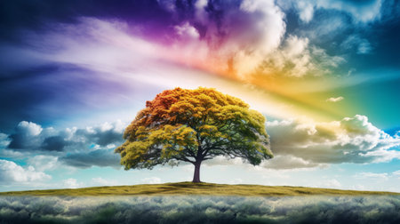 rainbow-inspired oil painting featuring a minimalist approach with a lone tree as the off-center focal point. collage techniques and elements of photography add texture and depth to this vibrant artwork. ai generatedの素材