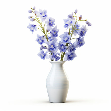a vase with purple flowers takes center stage in this 8k resolution photo. the realistic rendering showcases the monochromatic simplicity of light white and light blue hues. with a touch of pastoral charm, the image captures the essence of range murata's style, highlighting the intricate and realistic details of the flowers. ai generatedの素材