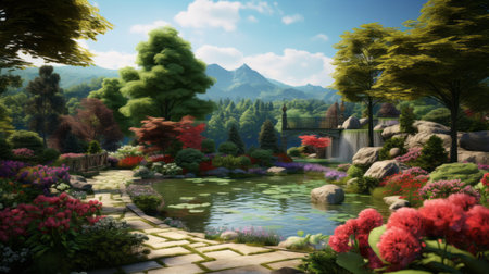 a hyper-realistic rendering of a garden with a majestic mountain range and lush green forest. the clear and bright sky enhances the overall realism of the image. attention to detail is evident, resulting in an ultra-realistic final product. keywords: rendering, garden, mountain range, lush green forest, clear sky, bright, realism, attention to detail, hyper-realistic. ai generatedの素材