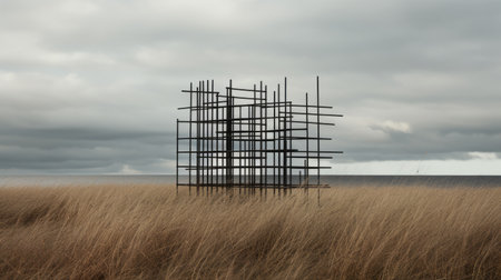 an open lattice, in the style of contemporary minimalist, sits alone in a field of tall grass. with its light gray and dark black hues, this sculptural aesthetic blends seamlessly with the coastal views. the minimalist set design, inspired by gothic revival, showcases muted colors for a serene and modern atmosphere. ai generatedの素材