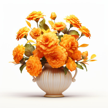 an empty vase with realistic, detailed rendering holds bright orange flowers in a symmetrical arrangement. the ornate, mote kei style adds a 3d effect and a bright luster to the overall composition, enhancing its humble charm. ai generatedの素材