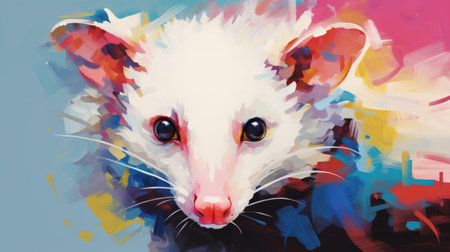 a vibrant and captivating painting of a real opossum, brought to life with vibrant color palettes and glitchcore elements. this 20-megapixel artwork showcases the opossum in a fauvist-inspired portrait style, featuring light white and light magenta hues. a contest-winning masterpiece created using zbrush. ai generatedの素材