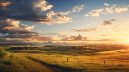 an open farmland and trees under a sunny sky, featuring a romantic and dramatic landscape reminiscent of post-apocalyptic backdrops. the image showcases a beautiful australian landscape with ethereal cloudscapes, bathed in a golden light that creates a whistlerian atmosphere. the color palette includes light teal and light amber tones. ai generatedの素材