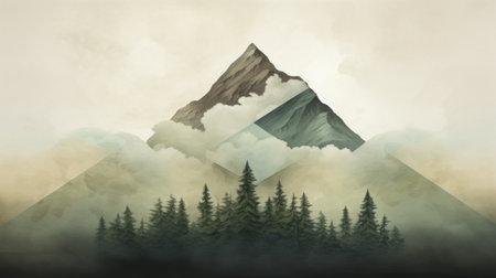 mountain range inspired oil painting with minimalist approach and lone tree focal point. off-center positioning adds interest. collage techniques and photography elements for texture and depth. ai generatedの素材