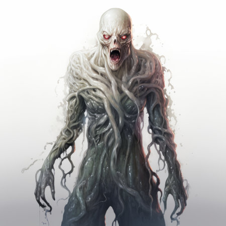 a man with large, scaly tentacles walks through the air in the style of light white and dark crimson necronomicon illustrations. this surreal image is reminiscent of filthy sculptures, frogcore, and andrew ferez's artwork. the subtle coloring and detailed character expressions add depth to the scene. ai generatedの素材