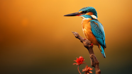 a vibrant kingfisher bird perched on a branch, holding a beautiful flower in its beak. this stunning photograph, reminiscent of the style of caras ionut, showcases a captivating blend of light gold and orange hues. the bold colors create a striking contrast against the backdrop, featuring vibrant stage backdrops in a light amber and sky-blue color field. this high-resolution image can be found on flickr,の素材