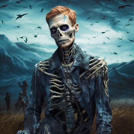 a woman in a dress and mask strikes a pose next to a skeleton on a field, surrounded by birds. this digital painting, inspired by the style of the blue rider movement and artist stefan gesell, features a realistic portrait with a touch of halloween vibes. the artwork showcases hyper-detail and elements of comic art. ai generatedの素材