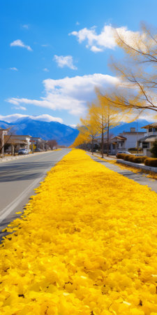 spring gingko boulevard with golden begonia trees lining both sides of the road. the ground is covered in yellow begonia biloba leaves, creating a vibrant carpet. in the distance, a mountain adds to the picturesque scenery. this real shot of begonia biloba captures the beauty in ultra-high resolution. ai generatedの素材