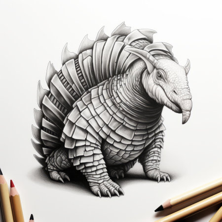 an armadillo sketched in a realistic hyper-detailed style, showcasing fantastic creatures and angura kei influences. the sketch captures the essence of childlike illustrations with bold character designs. the armadillo is depicted in 3d, with a striking combination of dark white and light gray tones. ai generatedの素材