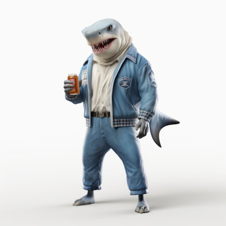 a cartoon shark wearing a stylish costume stands on a table, showcasing photo-realistic techniques. this unique artwork draws inspiration from artists like albert tucker and the blue rider movement, as well as the gritty urban scenes captured by nick veasey. the image also incorporates elements of the vibrant and playful party kei style. ai generatedの素材