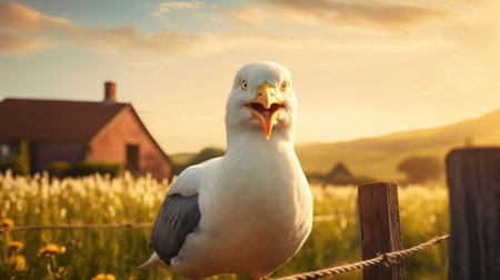 a seagull stands by a wooden fence in the grass, showcasing dynamic and exaggerated facial expressions. rendered in cinema4d, this close-up photo by helga ancher captures the punctuated caricature of the bird. it is a contest-winning image featured in national geographic. ai generatedの素材