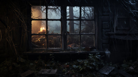 an old window in the dark, surrounded by a dark background, captures the essence of atmospheric woodland imagery. this 32k uhd photo, created using cryengine, showcases a mysterious scene with supernatural creatures. the post-processing techniques enhance the light-filled scenes, creating a captivating cabincore aesthetic. ai generatedの素材