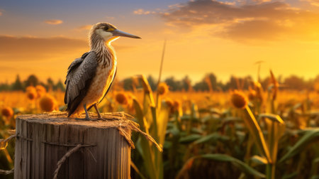 a bird perches on a wooden post in a field at sunrise, creating a captivating scene reminiscent of pop-culture-infused art. the photo showcases a dark beige and yellow color palette, giving it a unique and eye-catching appeal. the hyperrealistic depiction of the bird, combined with the sunrays shining upon it, adds a touch of national geographic-like beauty to the composition. ai generatedの素材