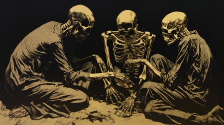 the sculpture of death, a gold foil print measuring 18x12, is a creation by artist and musician ryan reynolds. this artwork showcases monochromatic realism and dark chiaroscuro figurative paintings, with elements of surreal realism and realist attention to detail. inspired by khmer art and large-scale murals from 1970 to the present, this piece is a captivating blend of various artistic influences. ai generatedの素材