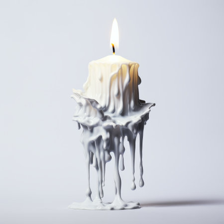 a candle with dripping wax stands tall in a field of white, showcasing the intricate details of its elaborate design. created in the style of zbrush, this postmodernist deconstruction captures the essence of light-filled beauty. the monochromatic color schemes add depth and intensity, while the chemical reactions within the wax create a mesmerizing visual experience. ai generatedの素材